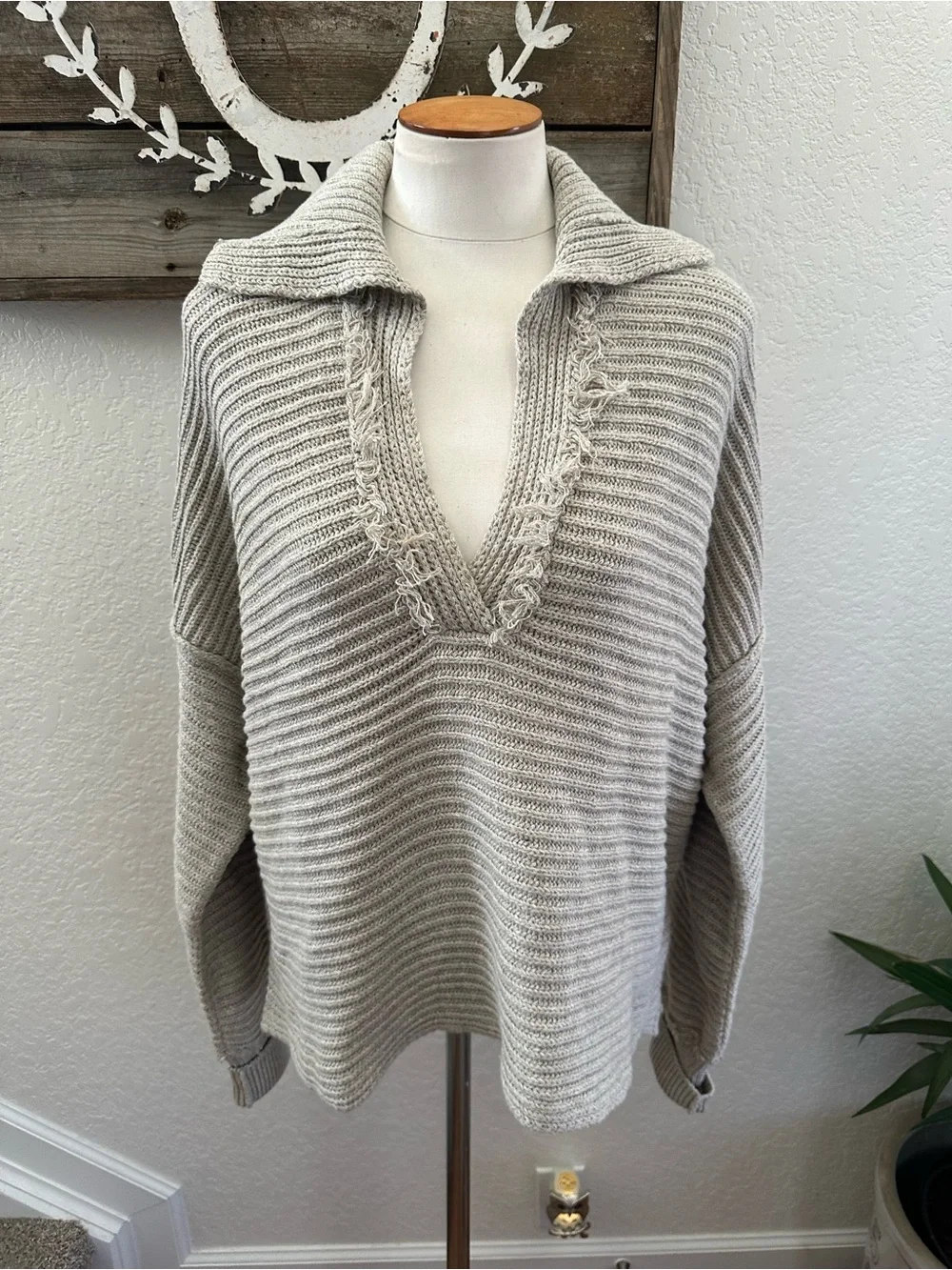 Free People Marlie beige oatmeal knit sweater with fringe details size M NWT
